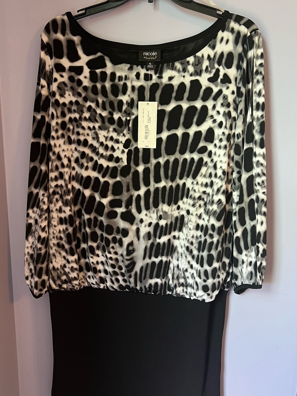 Nicole Miller Black and White Printed Blouson Midi Dress